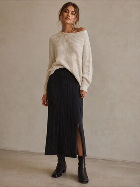 Aerie Black Ribbed Knit Midi Skirt Side Slit High Rise Sweater Skirt Womens L